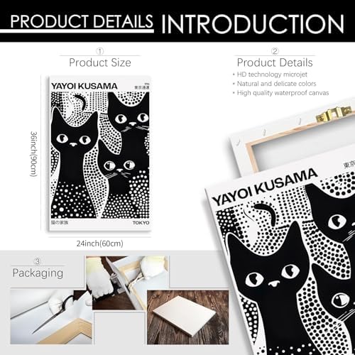 Cute Black Cat Poster Japanese Yayoi Kusama Wall Art 24X36 inch Framed Trendy - Image 2