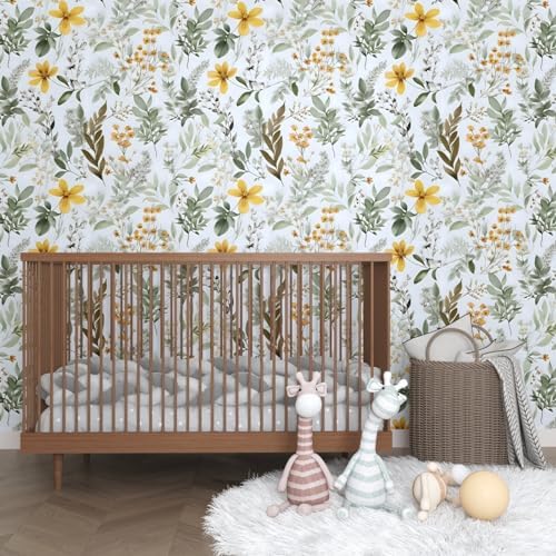 Laatse Vintage Green Yellow Wild Floral Botanical Wallpaper 17.5"x787" - Image 6