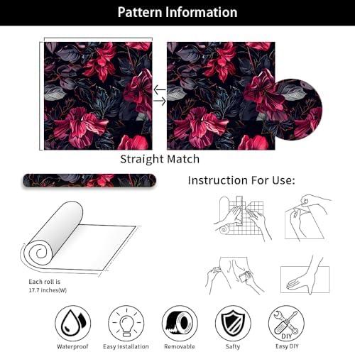 REDAMANCY Dark Black Red Pink Floral Grey Modern Flowers Leaf Peel and Stick - Image 7