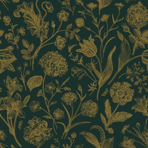 Dark Green and Gold Floral Peel and Stick Wallpaper 17in x197in by lenify