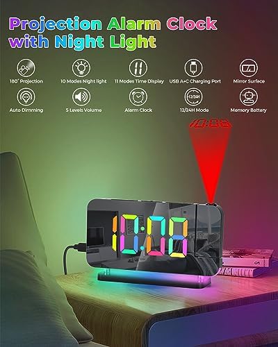 SZELAM Projection Alarm Clock, 7.4 in Digital Mirror Clocks, - Image 2