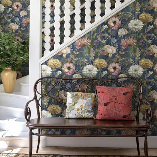 Jeweluck Vintage Floral Wallpaper Peel and Stick Dark Blue 16.9" x 118.1" - Image 5