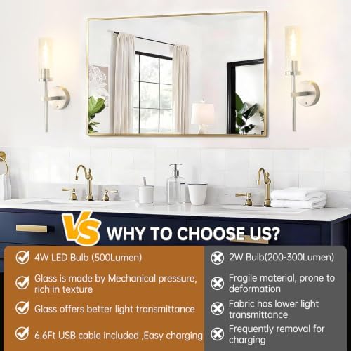 Shenmoyl Battery Operated Wall Sconces Set of 2, Nickel Rechargeable Wall - Image 4
