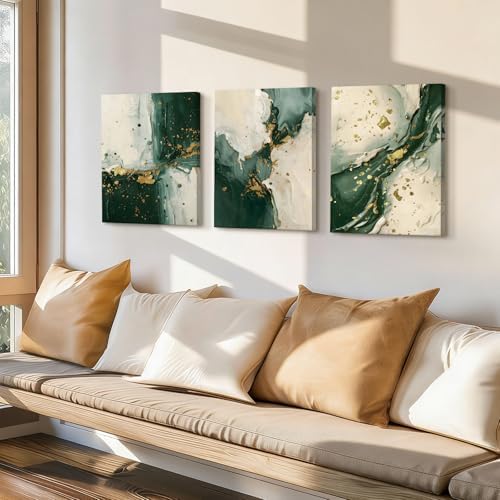 3pcs Emerald Green Wall Decor Living Room, Modern Green and Gold Marble - Image 3