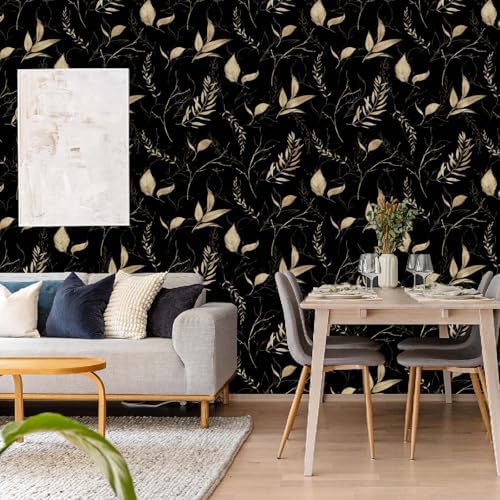 Dark Black and Gold Leaf Peel and Stick Wallpaper 17.7" x 59" - Image 3