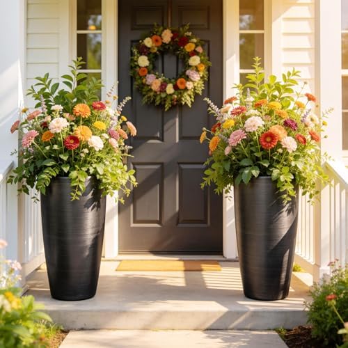 Autodaya 22.8" Tall Outdoor Planters Set of 2, Faux Brushed Steel Finish by Unknown