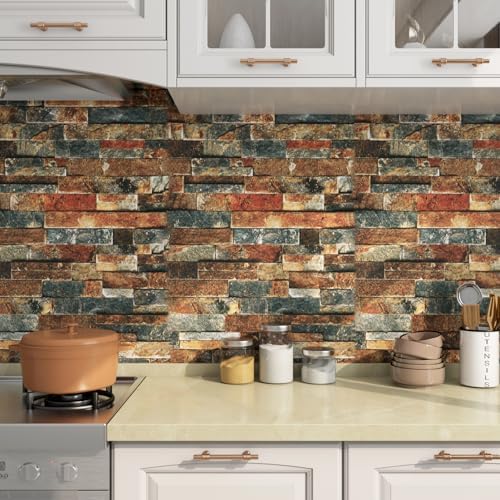 FunStick 15.8x472 Brown Red Blue 3D Brick Wallpaper Peel and Stick Textured - Image 2