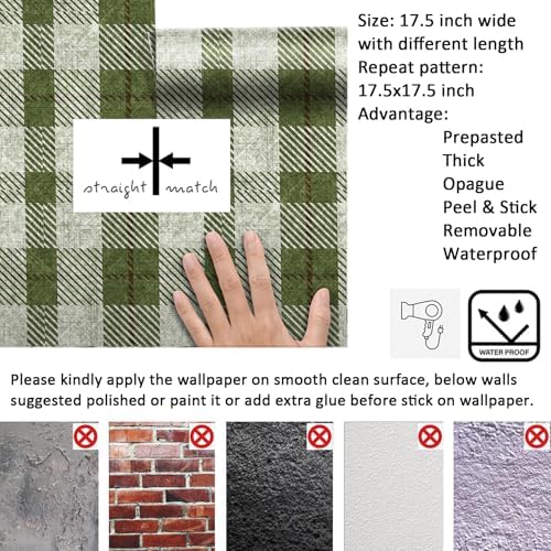 Livelynine Green Plaid Wallpaper Peel and Stick Farmhouse French Country Linen - Image 6