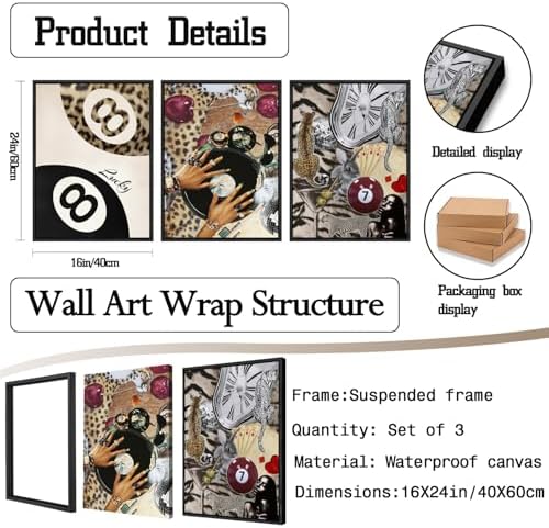 Fashion Cheetah Wall Art Set of 3 Leopard Wall Decor Pictures Lucky 8 Ball - Image 3