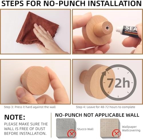 4 Pack Wood Wall Hooks Round Wooden Coat Hooks Adhesive Hooks Heavy Duty - Image 5