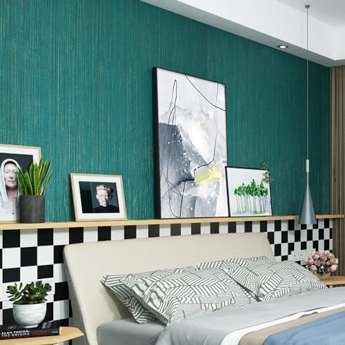 FunStick Teal Green Grasscloth Wallpaper Peel and Stick Textured Fabric Linen - Image 3