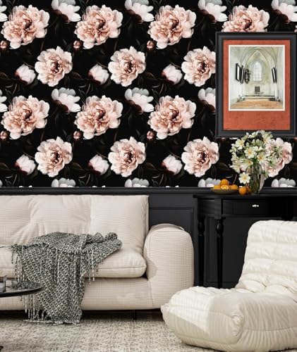 Black Pink Floral Peel and Stick Vintage Peony Wallpaper 17.5X 393 - Image 5
