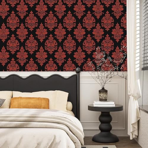 BOKEBEVE Vintage Floral Wallpaper Peel Stick Burgundy Red 17.5 x 393.5In - Image 2