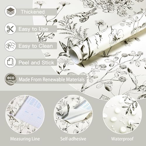 Safiyya Peel and Stick Wallpaper Floral Birds Contact Paper Black and White - Image 6
