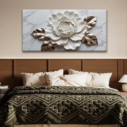 Suconvng Wall Art Living Room Marble Texture Wall Art Modern White Flower - Image 3