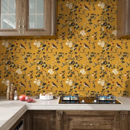 Laatse Vintage Yellow Floral Bird Wallpaper Peel and Stick 17.5"x197" - Image 5
