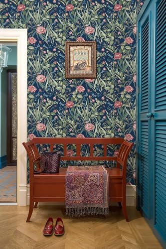 Navy Bird and Floral Peel and Stick Wallpaper Vintage 17in x 393in - Image 3