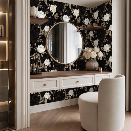 Laatse Vintage Dark Black Golden Floral Wallpaper Peel and Stick 17.5"x118" - Image 7