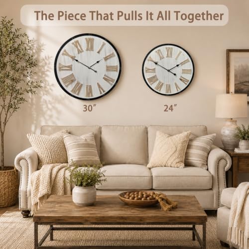 Large 24" Farmhouse Wall Clock, Rustic Wood Round Timepiece - Image 6