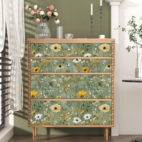 Laatse Vintage Green Yellow Daisy Floral Botanical Wallpaper 17.5"x393" - Image 3