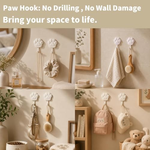 White Self Adhesive Wall Hooks, Paw and Oval Mixed Design, No Damage 4Pack - Image 4
