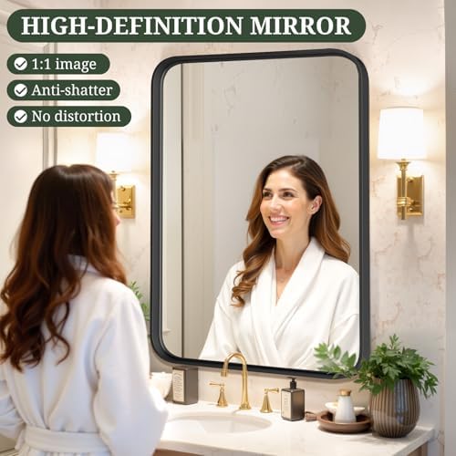 Bathroom Mirror 30x22 Inch Black Metal Frame Rectangle Vanity Mirror - Image 4