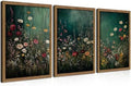 Vintage Wildflower Wall Art Set of 3, Moody Dark Green Flower Botanical Wall by fancynewWallArt