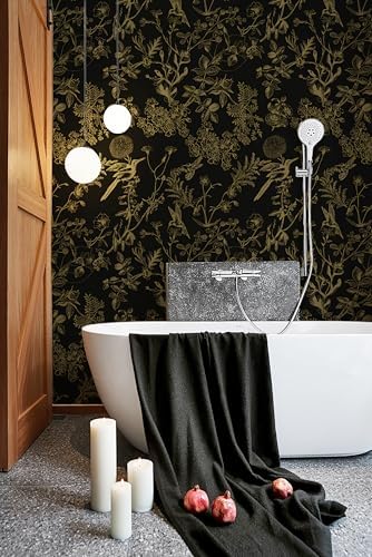 Safiyya Peel and Stick Wallpaper Floral Birds Contact Paper Black and Gold - Image 4
