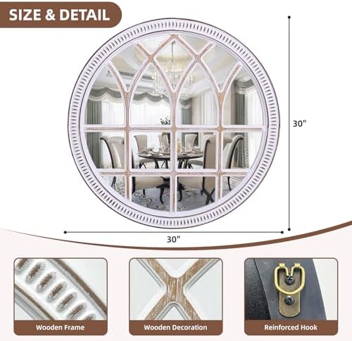 Round Window Mirror Wood 30 Inch Rustic Farmhouse Wall Mirrors - Image 5