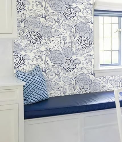 Wudnaye Navy Blue and White Floral Peel and Stick Wallpaper 16.9"×197" - Image 4