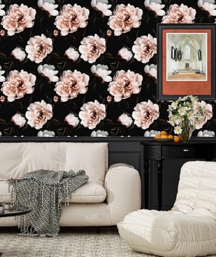 Black Pink Floral Peel and Stick Vintage Peony Wallpaper 17.5X 118 - Image 4