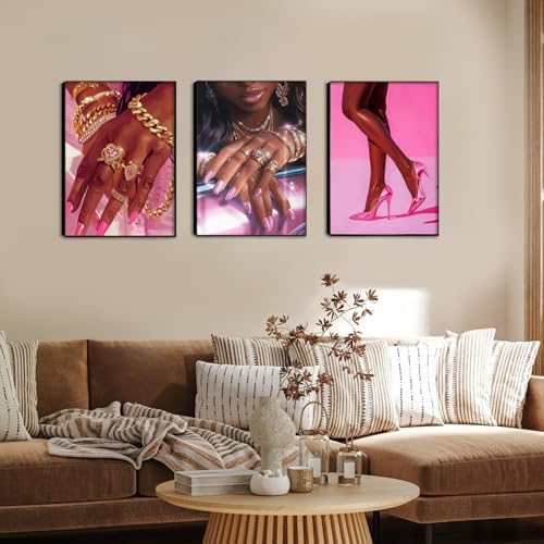Pink Fashion Black Girl Canvas Wall Art Set of 3 African American Black Woman - Image 2