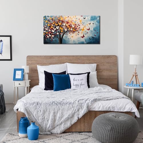 Butterfly Tree Canvas Wall Art for Living Room Bedroom Home Office Blue - Image 2