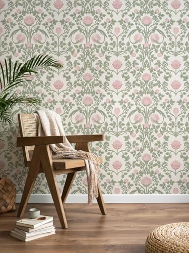 YXTII Peel and Stick Wallpaper Pink Floral Damask Wallpaper by YXTII