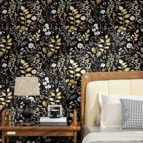 Laatse Vintage Dark Floral Gold Leaf Peel and Stick Wallpaper 17.5"x787" - Image 2