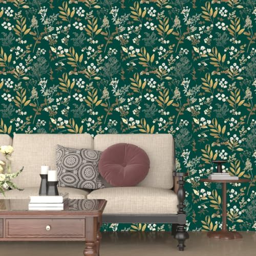 Laatse Vintage Dark Green Gold Floral Peel and Stick Wallpaper 17.5"x197" - Image 2