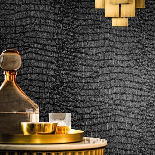 Fititem 17.3”×472” Black Peel and Stick Wallpaper Crocodile Texture Modern by Fititem__FitYourHome