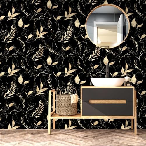 Dark Black and Gold Leaf Peel and Stick Wallpaper 17.7" x 213" - Image 4