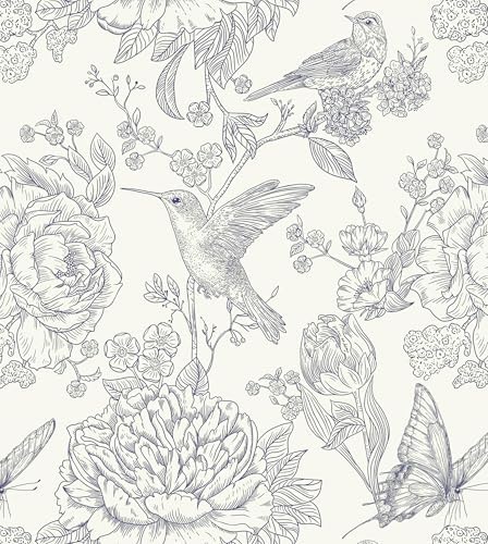 Safiyya Blue White Peel and Stick Wallpaper Floral Birds Butterfly Contact by SAFIYYA