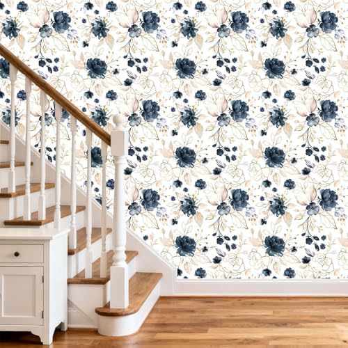 Navy Blue Floral Peel and Stick Wallpaper 17.7"x393.3" - Image 3