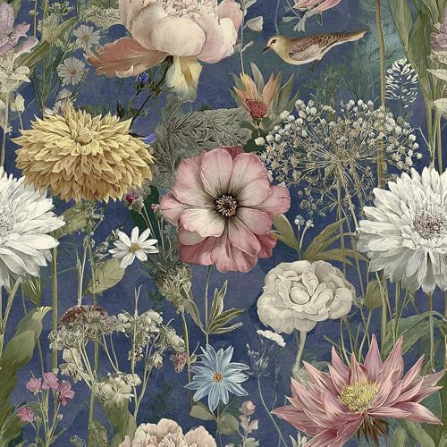 Jeweluck Vintage Floral Wallpaper Peel and Stick Dark Blue 16.9" x 118.1" by Jeweluck