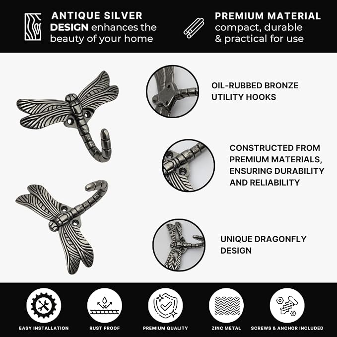 12 pcs Antique Silver Dragonfly Decorative Wall Hooks - Image 5