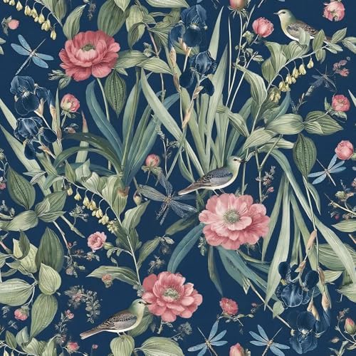 Navy Bird and Floral Peel and Stick Wallpaper Vintage 17in x 393in by lenify