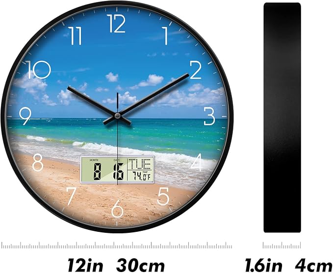12" Silent Non-Ticking Modern Coastal Beach Wall Clock, Battery Operated Analog - Image 7