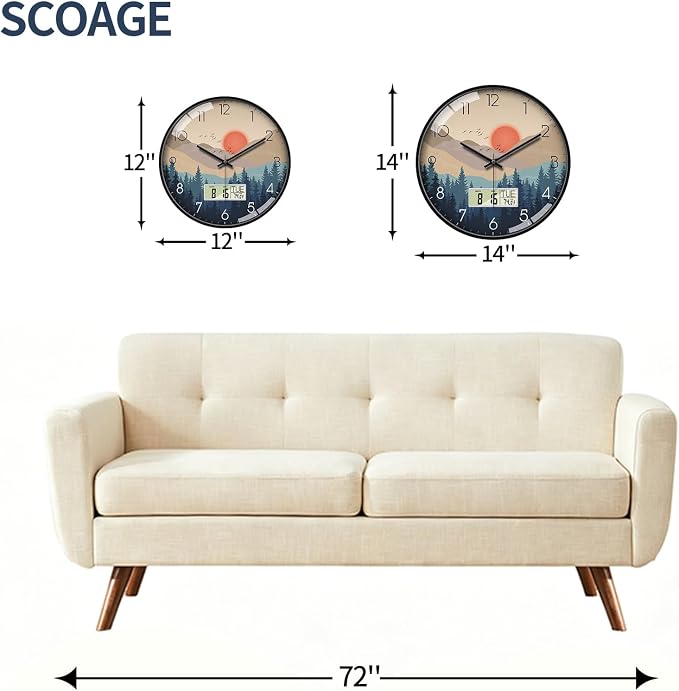 12" Silent Non-Ticking Wall Clock, Mid-Century Modern Wilderness Sunset - Image 2