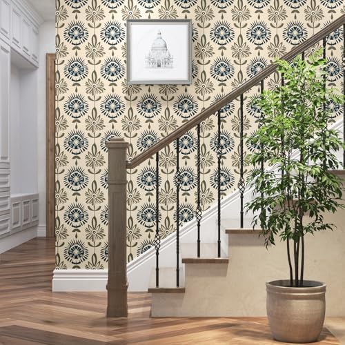 BOKEBEVE Boho Floral Peel and Stick Wallpaper Beige Blue 17.5 x 118In - Image 2