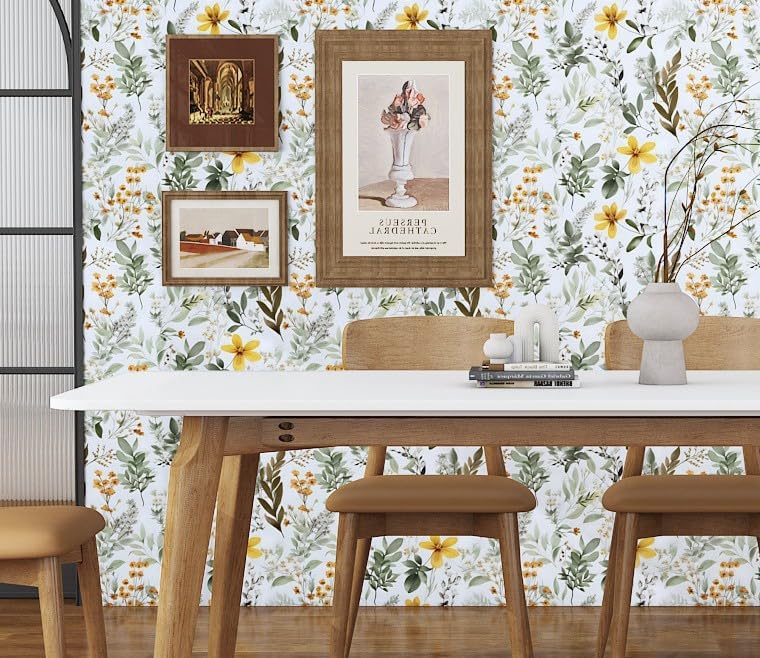 Laatse Vintage Green Yellow Wild Floral Botanical Wallpaper 17.5"x787" - Image 4