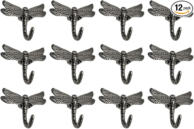 12 pcs Antique Silver Dragonfly Decorative Wall Hooks by DIYDecorHub