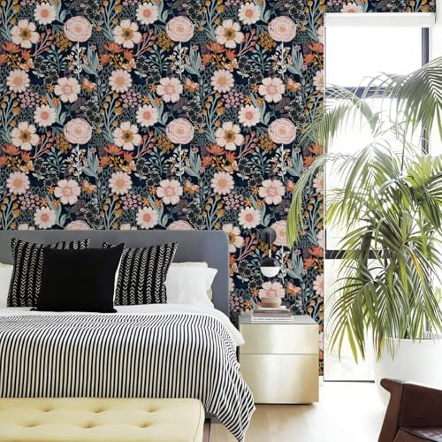 Dark Blue Floral Peel and Stick Wallpaper - Image 5