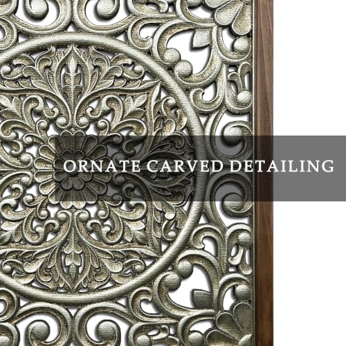 XIAOAIKA Boho Carved Wood Wall Art Panel, Floral Mandala, Distressed Silver - Image 3